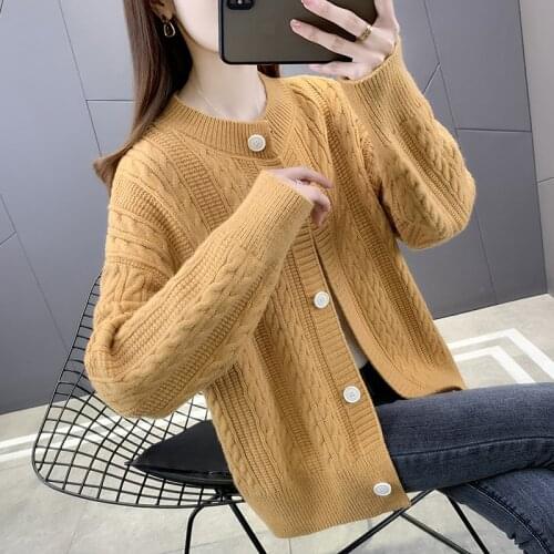 Room 195012 row 2 No.7 Middle] real shot spring round neck solid color twist knitted cardigan 49