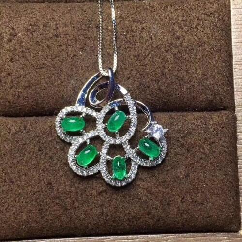 Natural green emerald gem pendant S925 silver Natural gemstone Pendant Necklace trendy Flower group women party fine jewelry