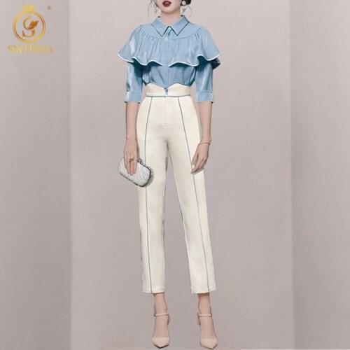 SMTHMA 2021 New Fashion Womens Casual Temperament Ruffled Shirt Two-Piece Sets +High Waist Long Pants Outfit