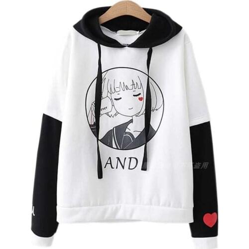 XUANHAO Women Cartoon Print Patchwork Hooded Sweatshirts Sweet Style Long Sleeve Harajuku Hoodies 2020 Winter Cute Pullover