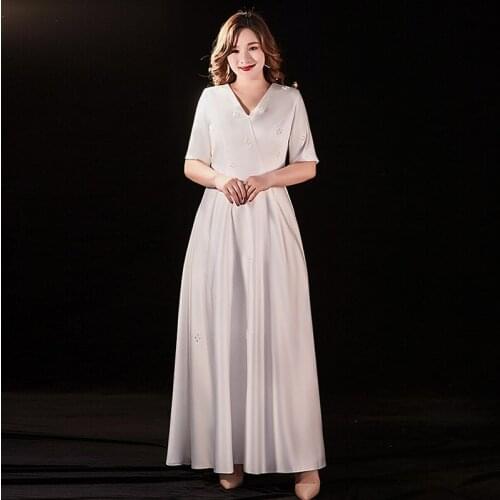 Evening Dress White Embroidery V-Neck Short Sleeves Elegant Pleat A-Line Floor-Length Simple Plus Size Women Formal Gowns D876