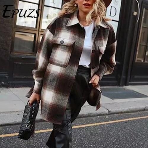 Vintage long sleeve woolen coats fashion ladies thick plaid coat female streetwear elegant girls oversize jacket chic