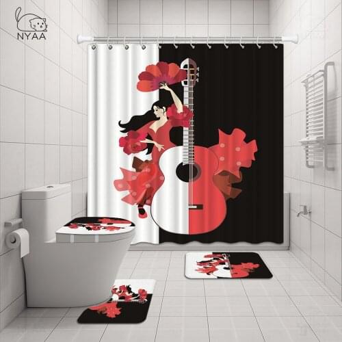 Waterproof Washroom Shower Curtain Musical Note Guitar Flame Print Bathroom Set 4 Piece Non Slip Bath Rugs Mats Toilet Cover