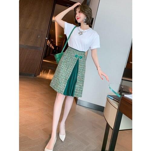 Top Quality Sequin tweed patchwork pleated high waist half skirt new summer