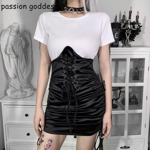 2021 Women Summer Black Satin Croset Skirts High Waist Bandage Bodycon Drawstring Mini Pleated Skirt Shaping Slim Gothic Skirt