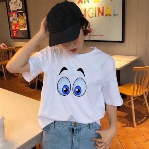 2021 New Summer Short Sleeve Women T Shirt Oversized 90s Girls Kawaii Smile Face Print Tee Casual Top Tees Female Clothing