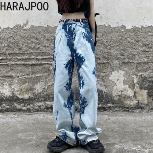 Harajpoo Women Jeans Female Summer Korean Ins Hip Hop Retro Tie Dye All-match Loose High Waist Thin Wide Leg Straight Trousers