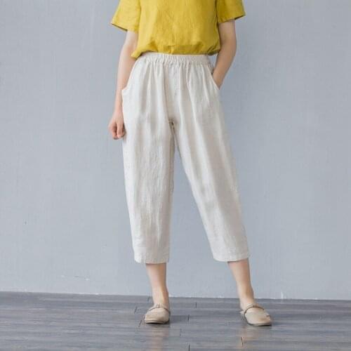 Women Summer Linen Pants Ladies Elastic Waist Solid Pants Female Vintage Flax Trousers 2021
