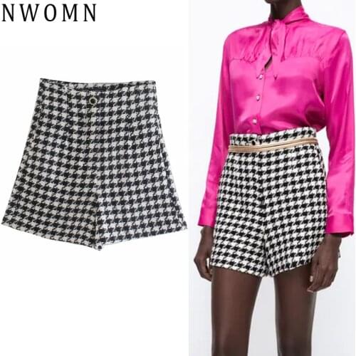 NWOMN Za 2021 Bermuda Shorts Woman Tweed Houndstooth High Waist Shorts Women Fall Black White Textured Fashion Plaid Short Pants