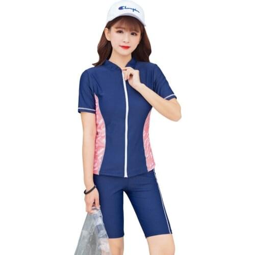 Womens Two Piece Short Sleeve Rash Guard Zipper UV Protection Swimming Suit Color Block Padded Swimwear Tops Bottoms Athletic
