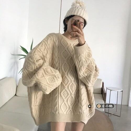 Fashion Sweater Dress Women Round Neck Loose Twist Knitting Top Simple Long Sleeve White Sweater Harajuku Oversize Pullover