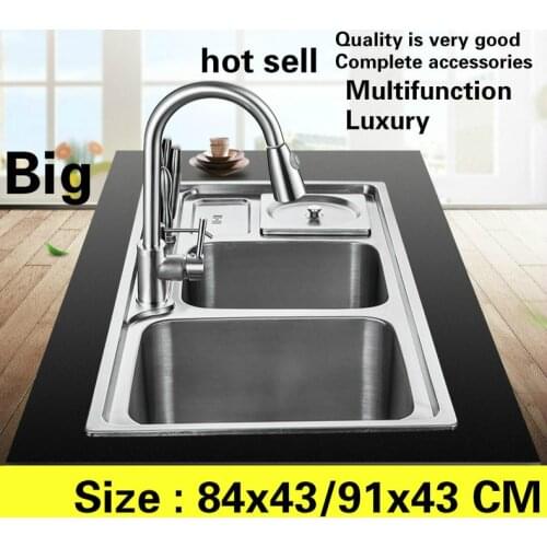 Free shipping Apartment kitchen double groove sink vogue multifunction do the dishes 304 stainless steel hot sell 84x43/91x43 CM