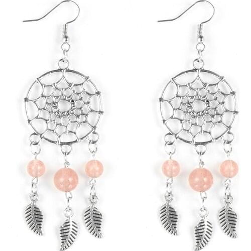 Ethnic Boho Tassel Feather Long Dream Catcher Drop Earring For Women Girls Natural Crystal Tiger Eye Stone Earring Jewelry