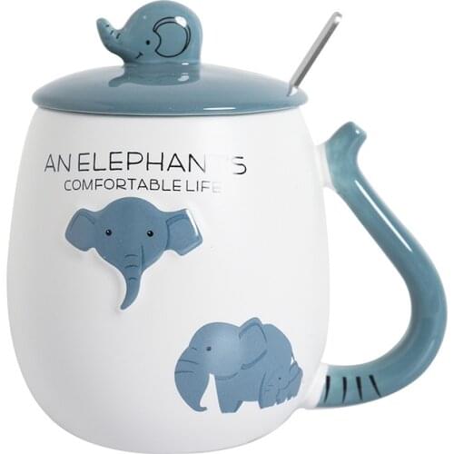 1 Set Cartoon 3d Relief Blue Elephant Ceramic Cup Creative Mug With Lid Spoon Student Gift Coffee Milk Glass