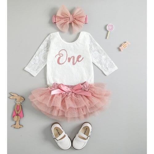 FOCUSNORM Newborn Baby Girls 1st Birthday Clothes Sets 3pcs Letter Lace Long Sleeve Romper Lace Tutu Skirts Headband 0-24M