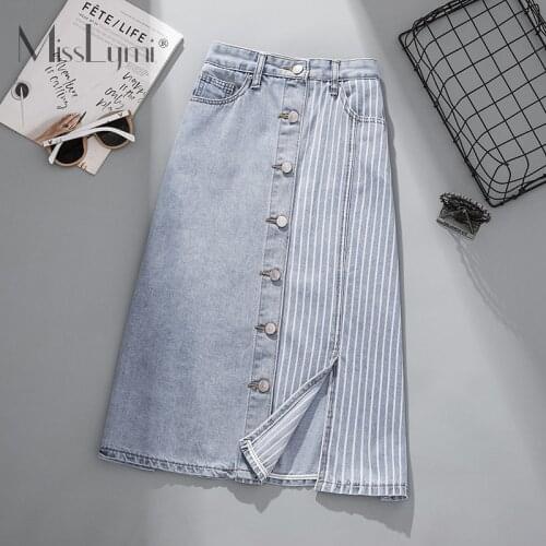 L-4XL Women Patchwork Stripe Denim Skirts Summer 2021 Plus Size Ladies Single Breasted High Waist Split Pencil Long Skirt Female
