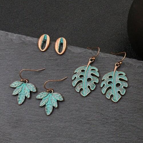 MAA-OE New Vintage Metal Earrings Jewelry Fashion Earrings Set For Women 2020 Green Leaf Shell Geometry Party Gift Wholesale
