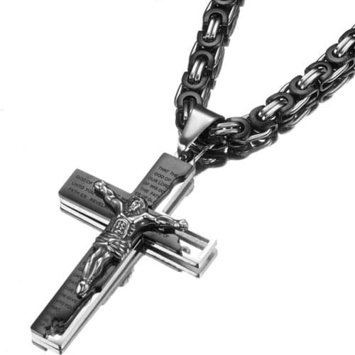 Rock Mens Black Plated 316L Stainless Steel Jesus Cross Pendant Necklace with Byzantine Box Chain Jewelry