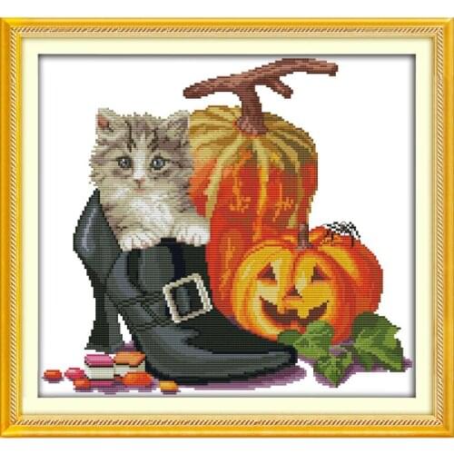 Joy Sunday Halloween cat DIY Needlework 11CT 14CT Printed Counted Water Soluble Cloth Cross Stitch Kit For Home Decor and Gift