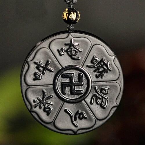 Hand-Carved Buddhist Incantation Natural Black Obsidian Jade Pendant Necklace Chinese Fashion Jewelry Charm Amulet for Men Women