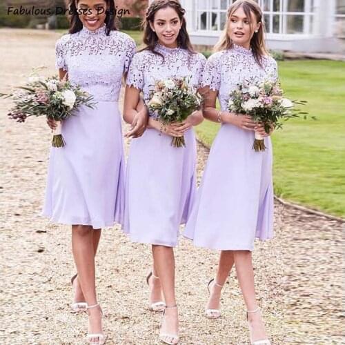 High Collar Knee Length Bridesmaid Dresses Short Sleeve Applique Lace Lilac A Line 2021 Chiffon Wedding Party Dress Vestidos