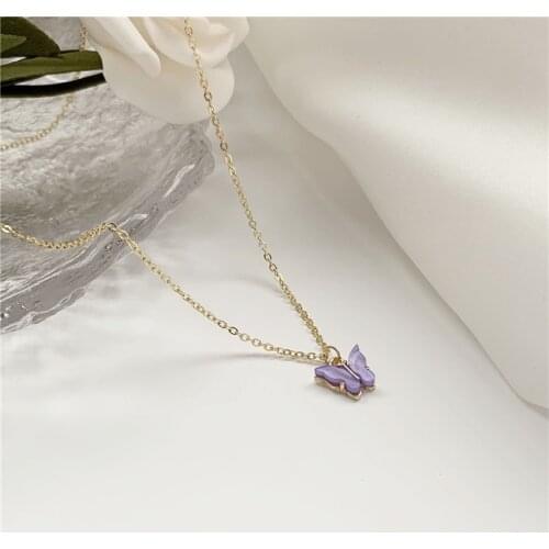 Romantic Exquisite Alloy Chain Purple Butterfly Pendent Necklace Korean Cute Bowknot Necklace for Women Girls Neck Jewelry Gift