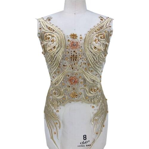 Handmade champagne Hot drilling Rhinestone pearl lace embroidery patch applique wedding dress bordados DIY Performance clothing