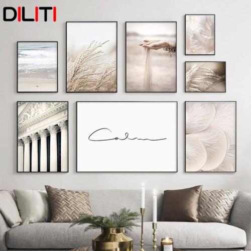 Sand Falling Canvas Painting Reeds Mushroom Nordic Poster Wall Art Birds Beach Print Pictures for Living Room Home Decor