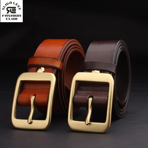 SLIGOLEEE 2016 Vintage Belt For Men Solid Brass Pin Buckle Genuine Leather Belts Luxury Cowboy Jeans Belt Free Shipping