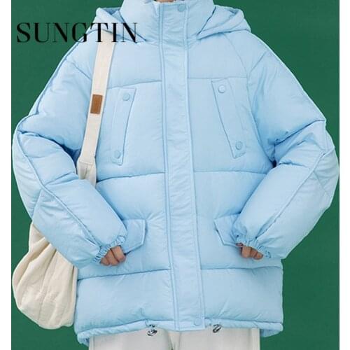 Sungtin Korean Style Thicken Warm Hooded Parkas Women Oversized Vintage Solid Padded Causal Jacket 2021 New Winter Fashion Coats