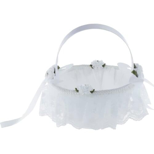 Wedding Flower Girl Basket White Flower Basket with Artificial Rose Flower Ribbon Bowknot Diamantes