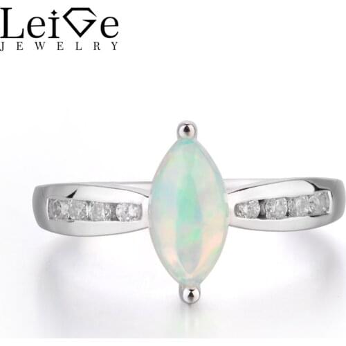 Leige Jewelry Opal Proposal Ring Natural White Opal Ring Marquise Cut White Gemstone 925 Sterling Silver October Engagement Ring