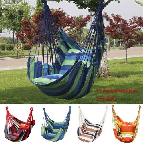 Outdoor Hammock Swing Striped Chair Hanging Swing Chair Portable Relaxation Canvas Swing Travel Camping Lazy Chair with Cushions