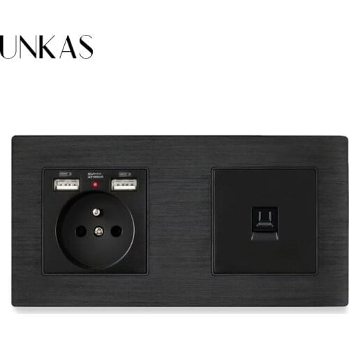 UNKAS French Standard Black Aluminum Metal Panel Socket with Dual USB Outlet RJ45 Internet Jack Connector Computer Outlet