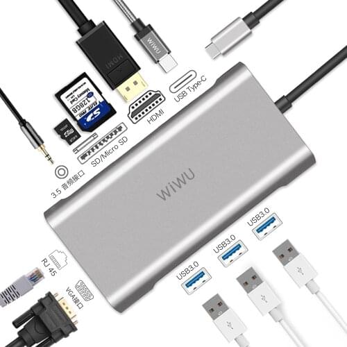 WIWU 10 in 1 USB Hub for MacBook USB C to VGA/RJ45 Thunderbolt 3 Adapter for Dell/Samsung/Huawei P20 Pro Type-c USB 3.0 Hub
