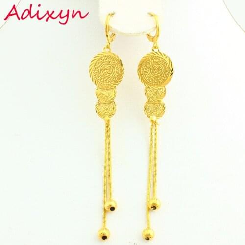 Adixyn New Gold Coin Long Earring Gold Color Drop Earring Muslim Islamic Jewelry Middle East/Arabic/Ethiopian Women Girls