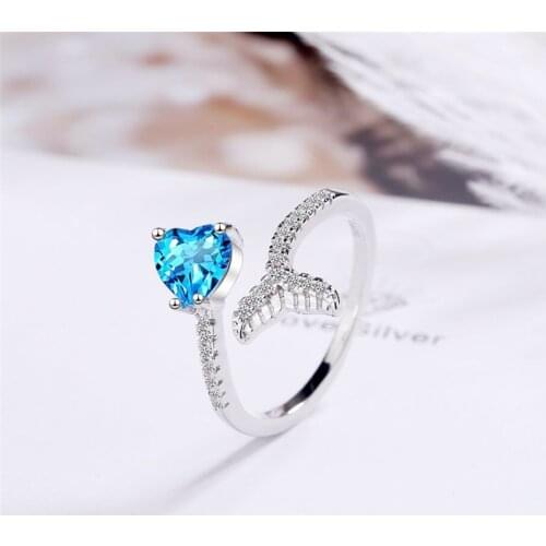 Sole Memory Blue Heart Crystal Fishtail 925 Sterling Silver Female Resizable Opening Rings SRI649