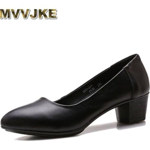 MVVJKE Women genuine leather high heels shoes classic cow leather shallow mouth women pumps ladies elegant office heels big size