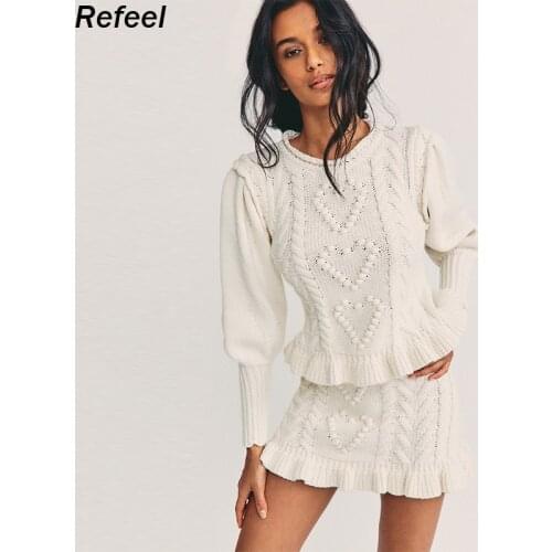 Retro Two Piece Sets Women Long Sleeve O Neck Knitted Pullover Sweaters Tops Bohemian Mini Skirt Chic Beach Vacation Women Sets