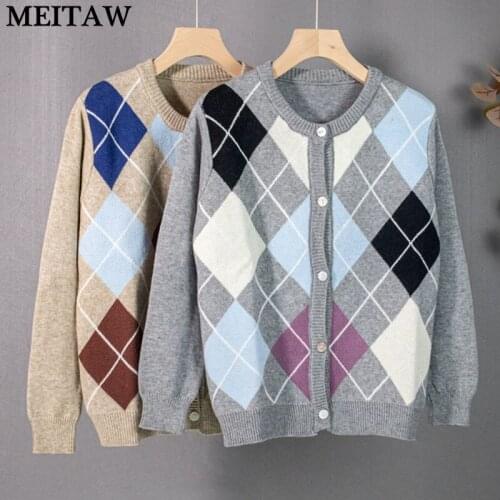 Autumn Winter Women Cardigans Vintage Long Sleeve Knitted Argyle Sweater Lady Loose Single-Breasted Jump Tops Outerwear Coat