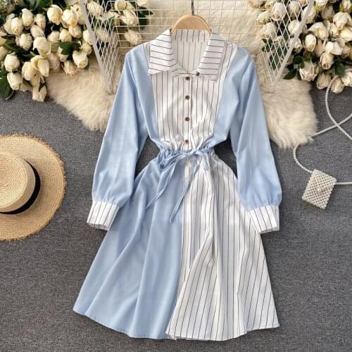 2021 Spring Summer Fashion New Striped Stitching Vestidos Female Temperament Shirt Midi Dress C765