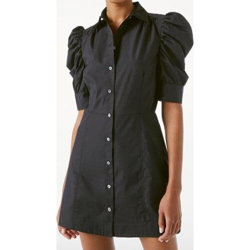 Women Dress Puff Sleeve Black Cotton Dress