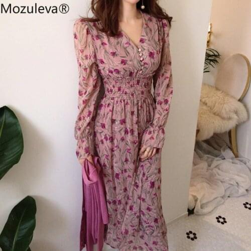 Mozuleva Fashion V-neck Floral Print Elastic Waist Women Dress Vintage Flare Sleeve Front Buttons A-line Female Long Dresses