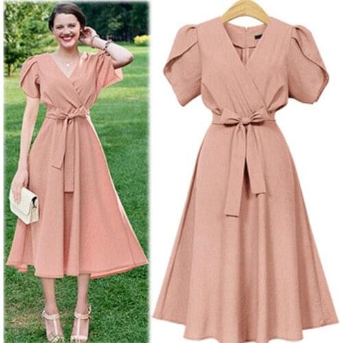 2020 short sleeve V neck sashes A line long women dress elegant vintage empire waist party evening female dress vestido size