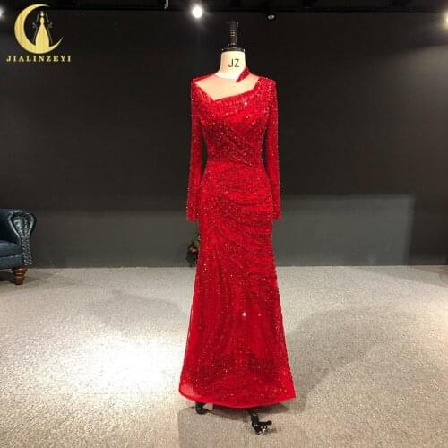 Rhine Real Luxurious Red Crystal Long Sleevs Mermaid Mother dress Evening Dress Long вечернее платье 2021