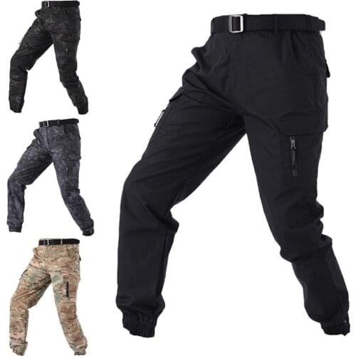 Multi Pockets Training Slacks Deep Crotch Camouflage Print Ankle Tied Waterproof High Waist Men Cargo Pants for Outdoor Sports