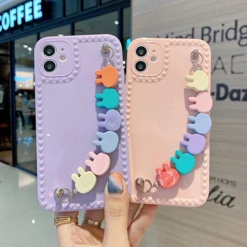 Wrist Chain Case for iPhone 12 7 8 Plus XR XS Max Silicon Cases Cute Cartoon bunny bracelet Chain Hanging Case for iPhone 11 SE