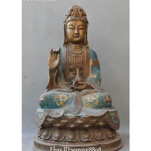 Cloisonne Enamel Bronze 24K Gold Gilt Kwan-yin Guan Quan Yin Boddhisattva Statue