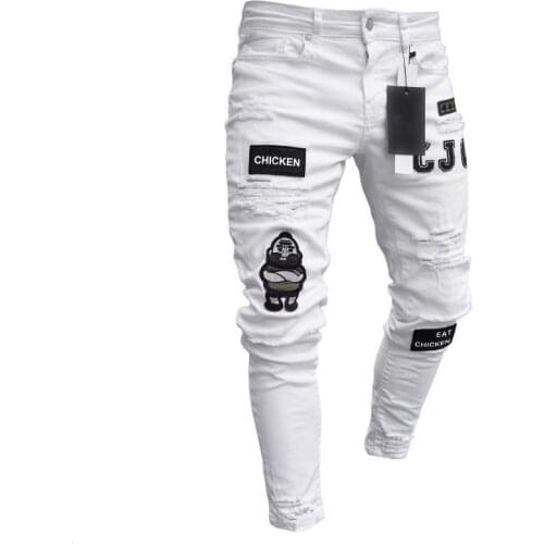 2021 Spring and Autumn Fashion Casual European Size Mens Solid Color Embroidery Holes Slim Hip-hop Denim Mens Jeans