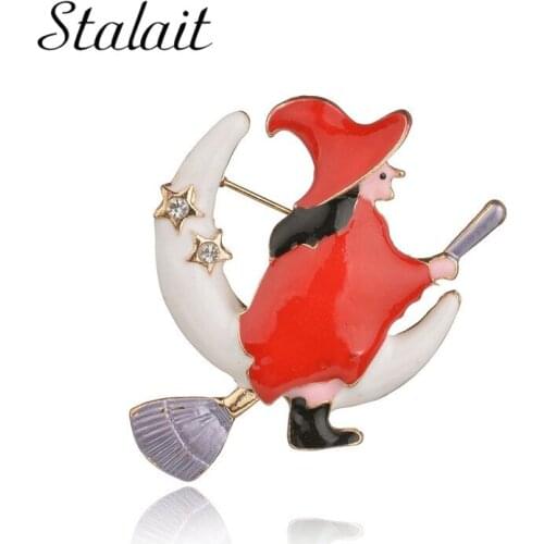 Halloween Moon Star Witch Brooch Riding A Broom in Flight Painted Red Oil Hat Brooch Magical Gift Jewelry Decoration Accessories